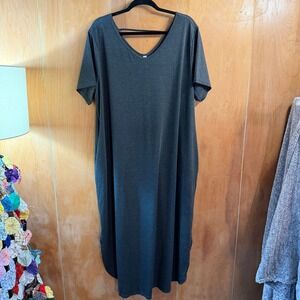 Kancy Store Charcoal Grey V-Neck Maxi Dress Short Sleeve Side Slits 3XL